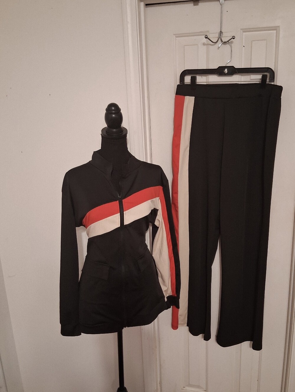 Black Track Jacket & Pants Set with Red and Cream Stripes - Picture 3 of 6